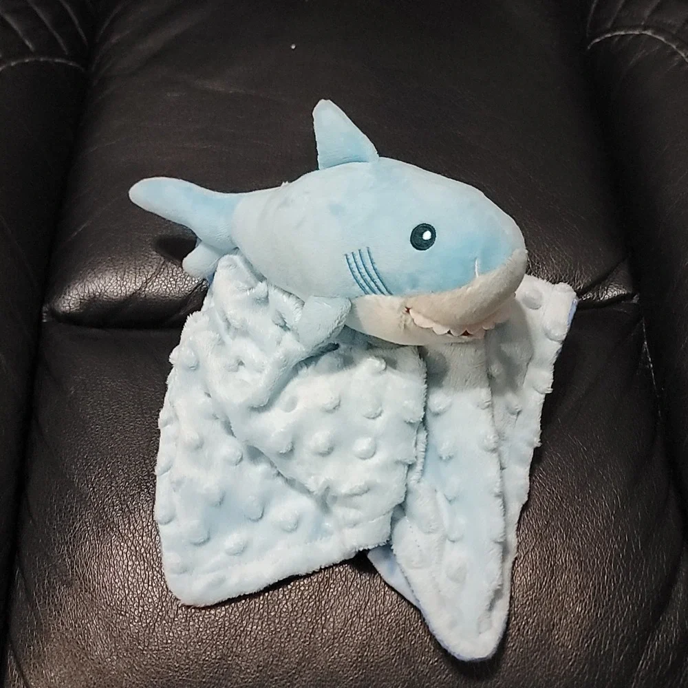 Blue Shark Baby Lovey Security Blanket Ocean Life & Fish on Back Minky Dot Plush